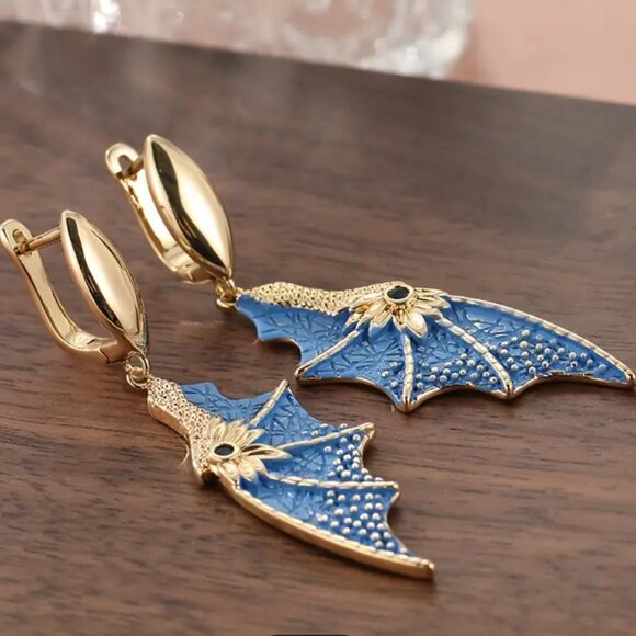 Dragon Wing Earrings Goldtone Blue 18K Gold Plate 108A3 - Picture 6 of 6